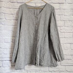Flax Linen Speckled Gray Button Down Tunic Top L Boho Langenlook Relaxed Fit